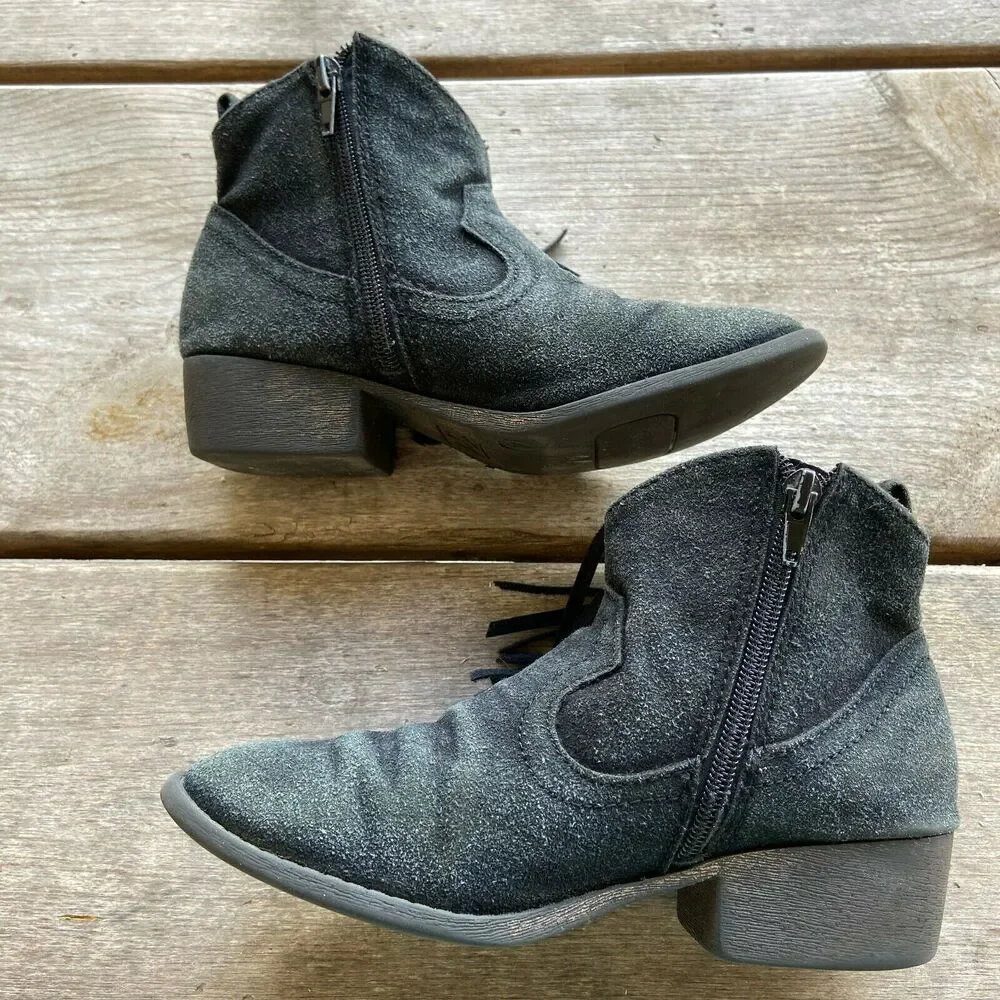 Justice Girls Boots Size‎ 4 Booties Black Faux Suede Ankle Fringe Western